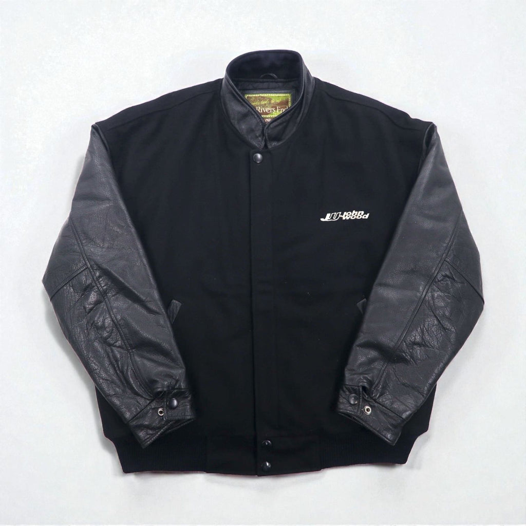 90s Vintage Varsity Jacket Rivers End レザー切替 スタジャン XL ブラック 刺繍 USA企業 JOHN WOOD