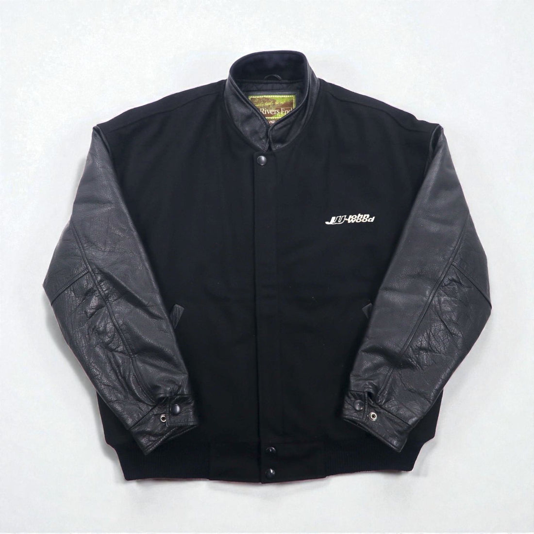90s Vintage Varsity Jacket Rivers End レザー切替 スタジャン XL ブラック 刺繍 USA企業 JOHN WOOD