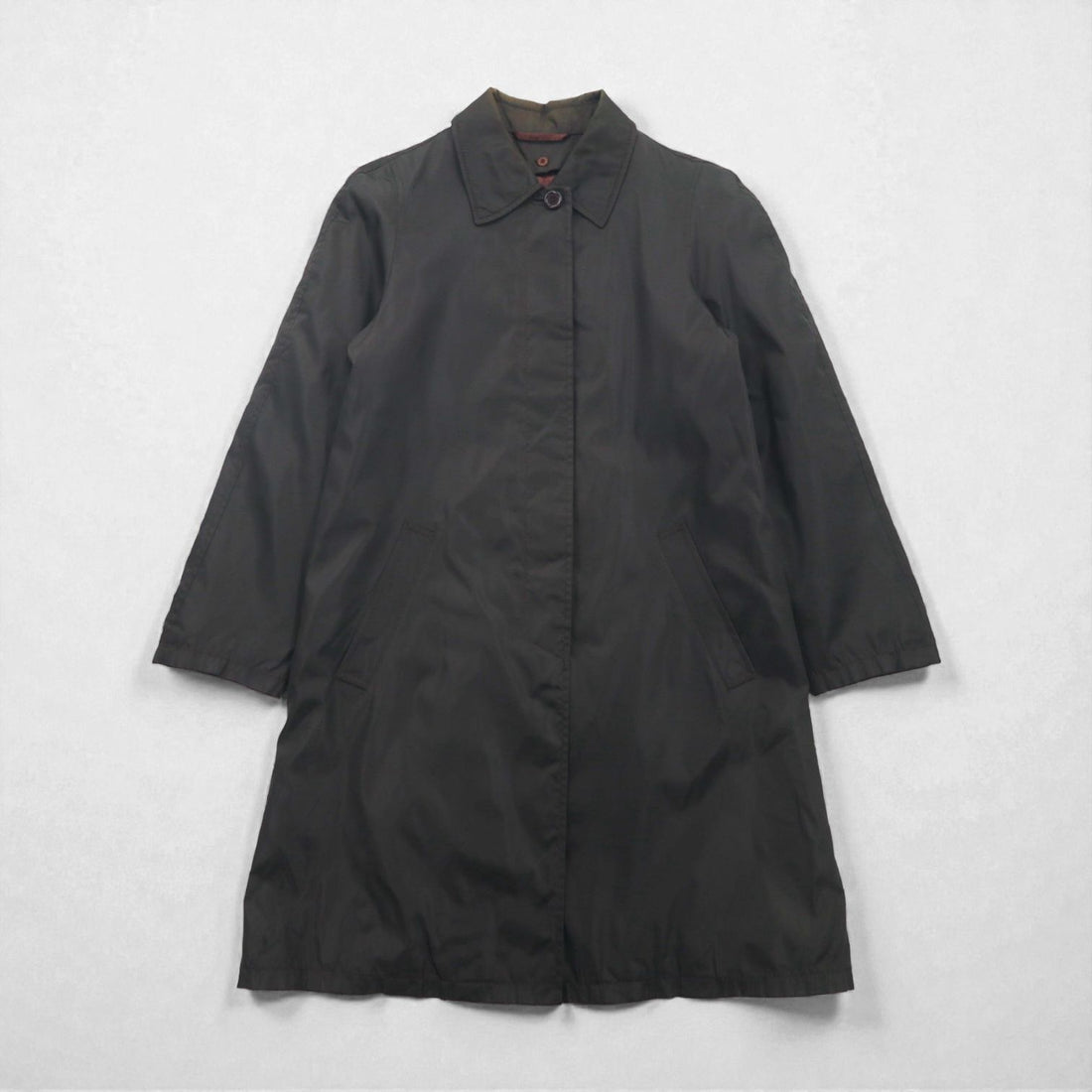 PRADA Made in Italy Balmacaan Nylon Soutien Collar Coat, Small, Dark Brown, Hidden Front