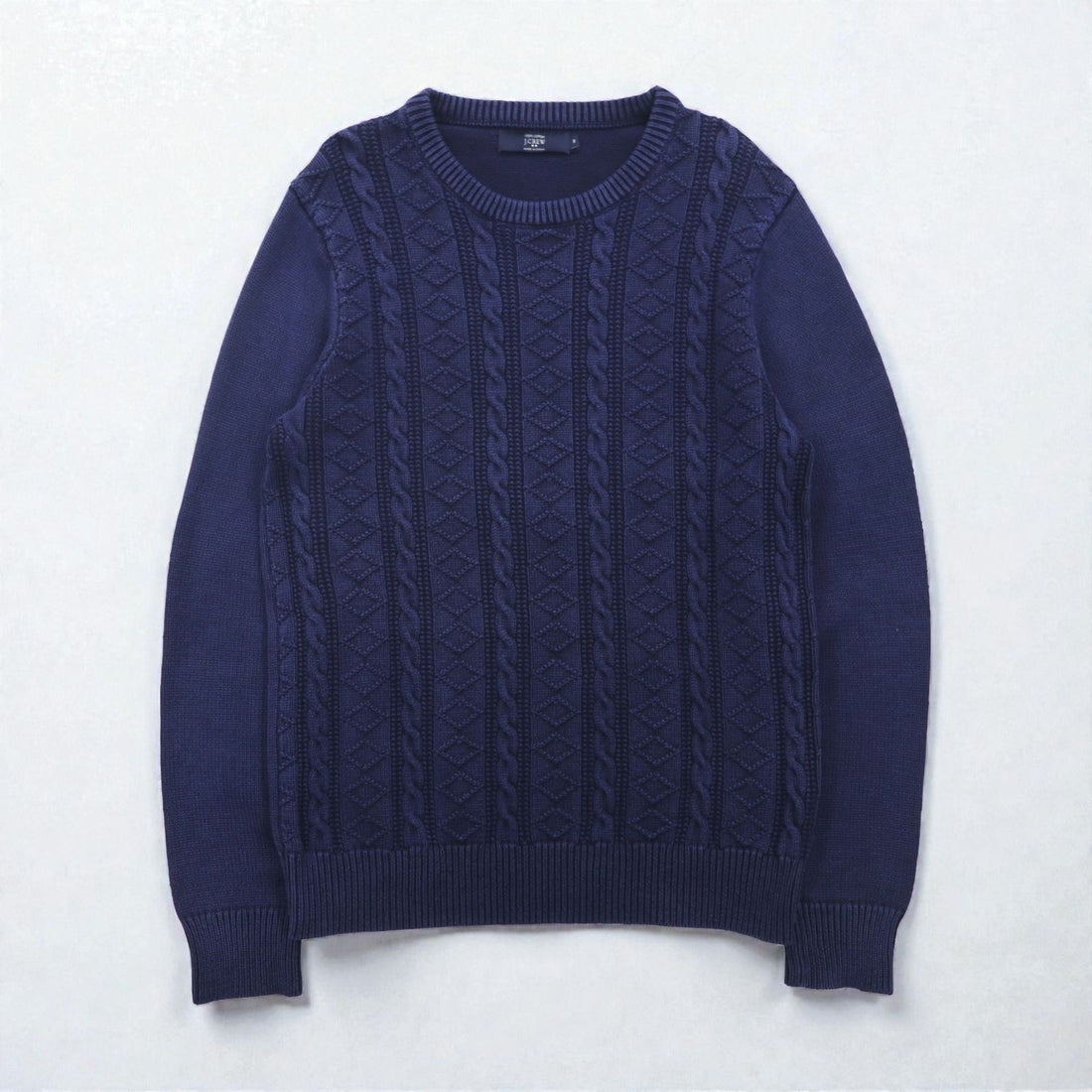 J.CREW Fisherman Aran Knit Sweater, Medium, Navy, Low Gauge Cable