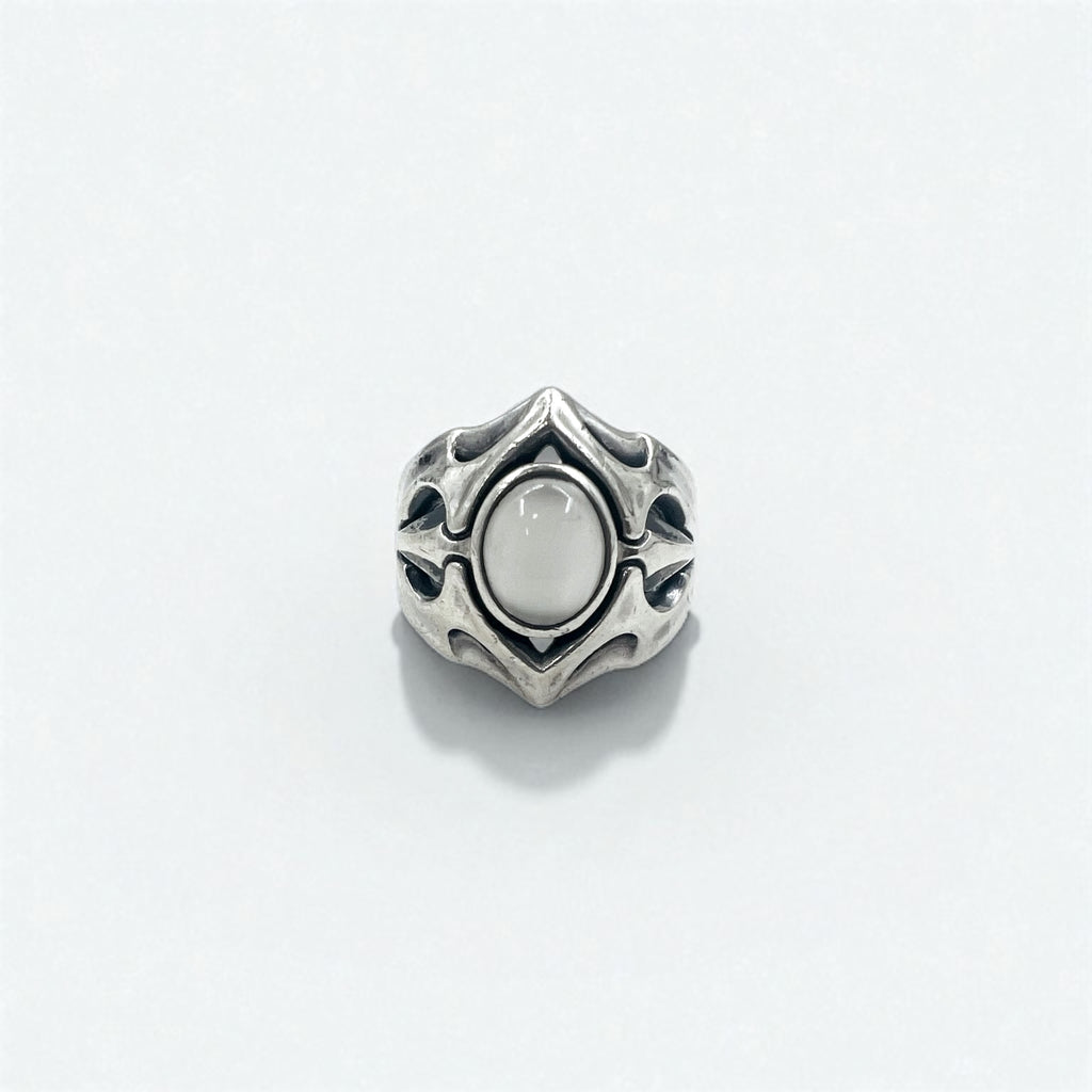 K-SMITH Tribal Silver Ring, Size 19, Oval, White, Clear Stone, Silver 925