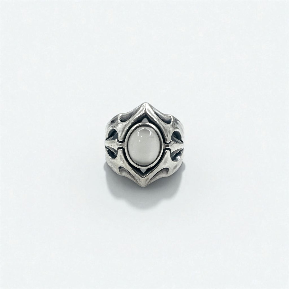 K-SMITH Tribal Silver Ring, Size 19, Oval, White, Clear Stone, Silver 925