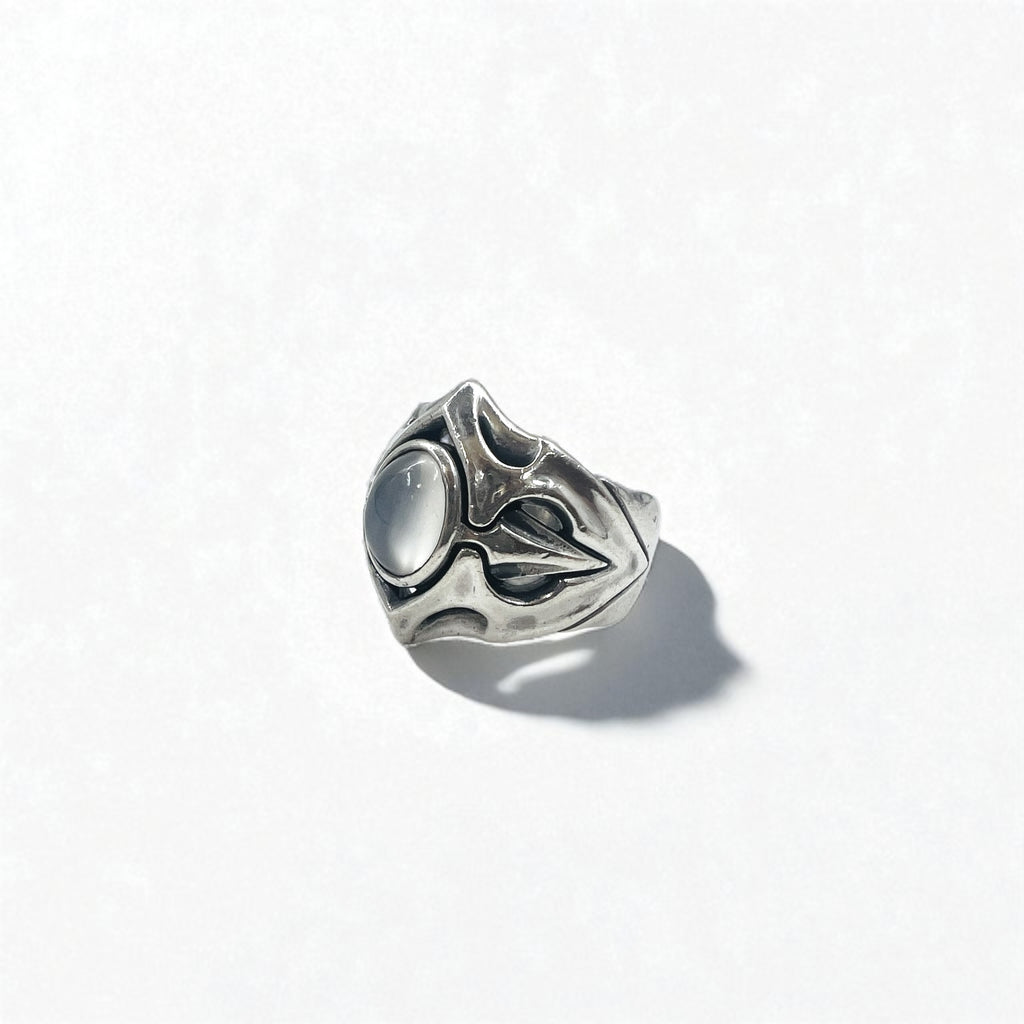 K-SMITH Tribal Silver Ring, Size 19, Oval, White, Clear Stone, Silver 925