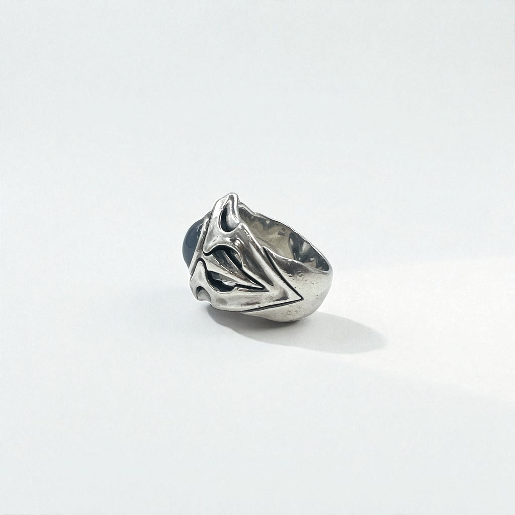 K-SMITH Tribal Silver Ring, Size 19, Oval, White, Clear Stone, Silver 925