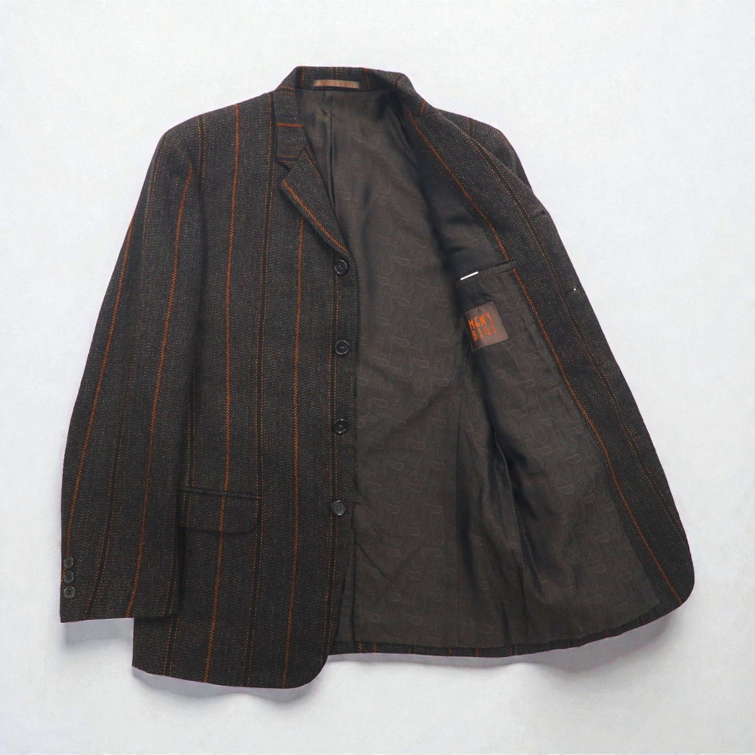 MEN'S BIGI 80s Vintage Blazer ツイード テーラードジャケット M ブラウン ストライプ ウール 裏地 ペイズリー柄 80年代