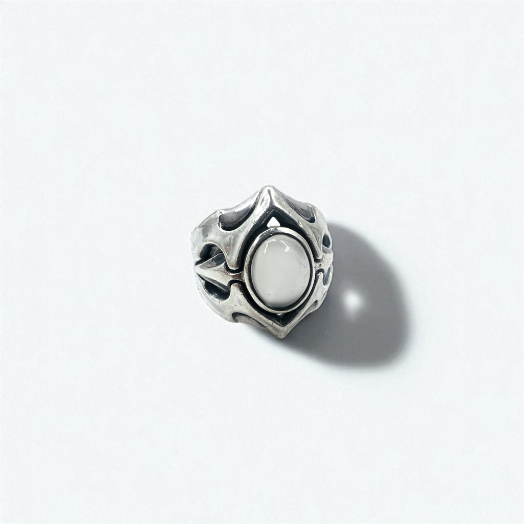 K-SMITH Tribal Silver Ring, Size 19, Oval, White, Clear Stone, Silver 925