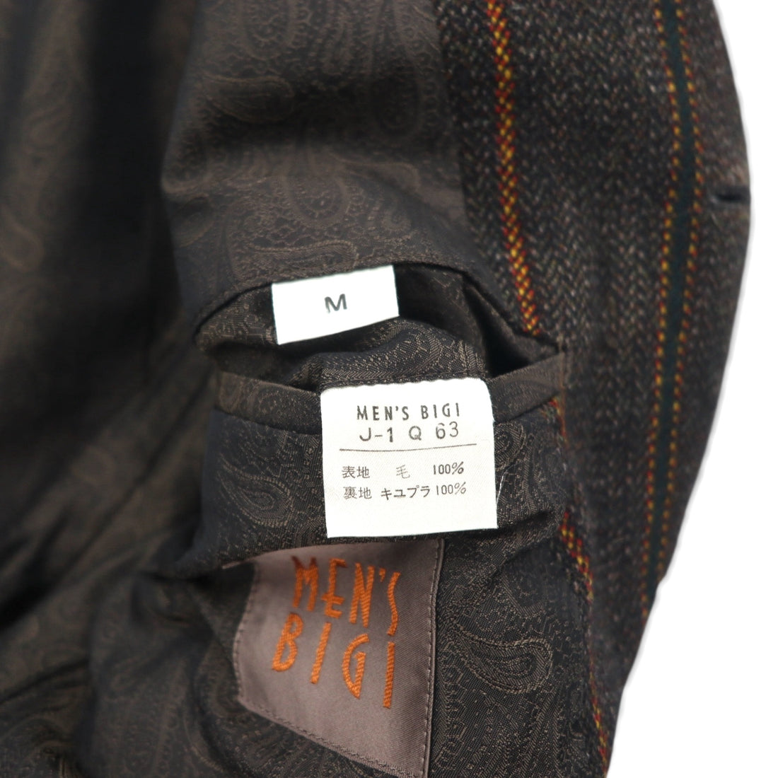 MEN'S BIGI 80s Vintage Blazer ツイード テーラードジャケット M ブラウン ストライプ ウール 裏地 ペイズリー柄 80年代