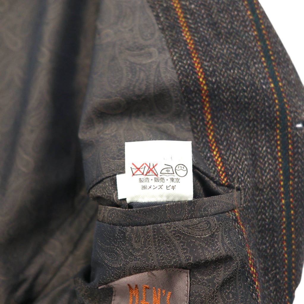 MEN'S BIGI 80s Vintage Blazer ツイード テーラードジャケット M ブラウン ストライプ ウール 裏地 ペイズリー柄 80年代