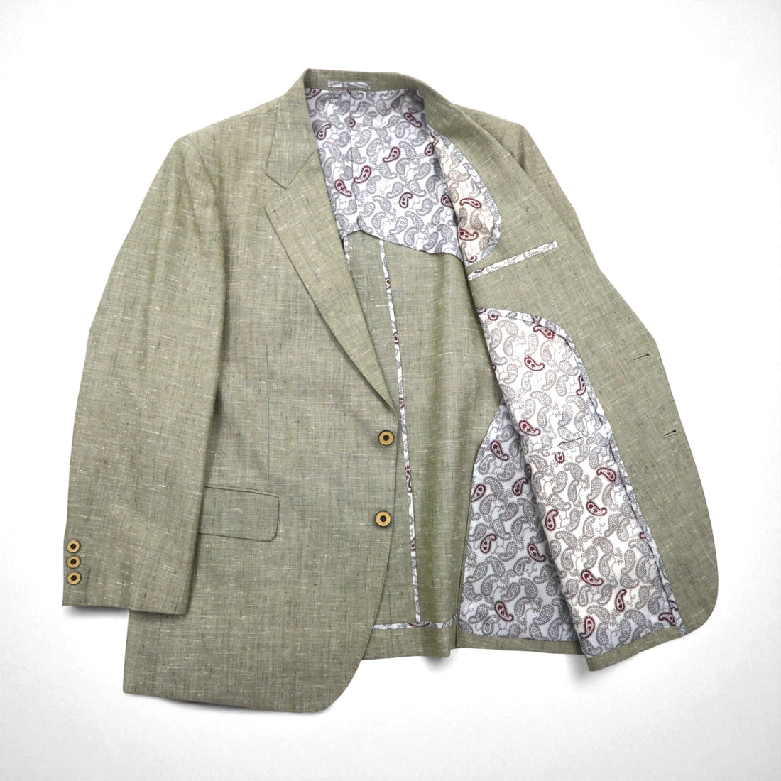 Vintage 90s TENGEN NEO PRETA Linen Suit, 2B Summer Suit Set, Beige, Paisley Print, Wide Lining, Size M