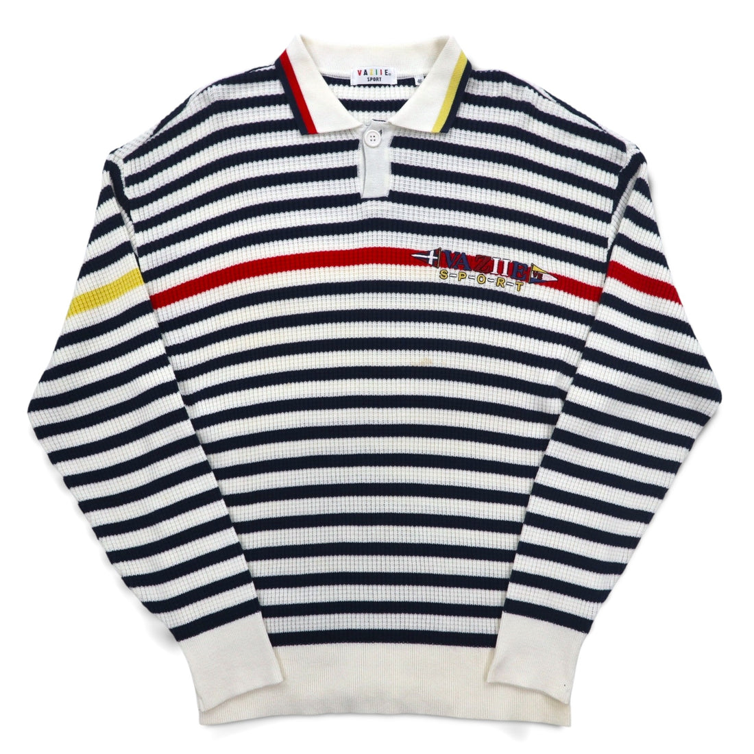 Vintage 90s Retro Preppy Polo Sweater VAZIIE SPORT 90s Polo Waffle Knit L Border Cotton Logo Embroidery Made in Japan