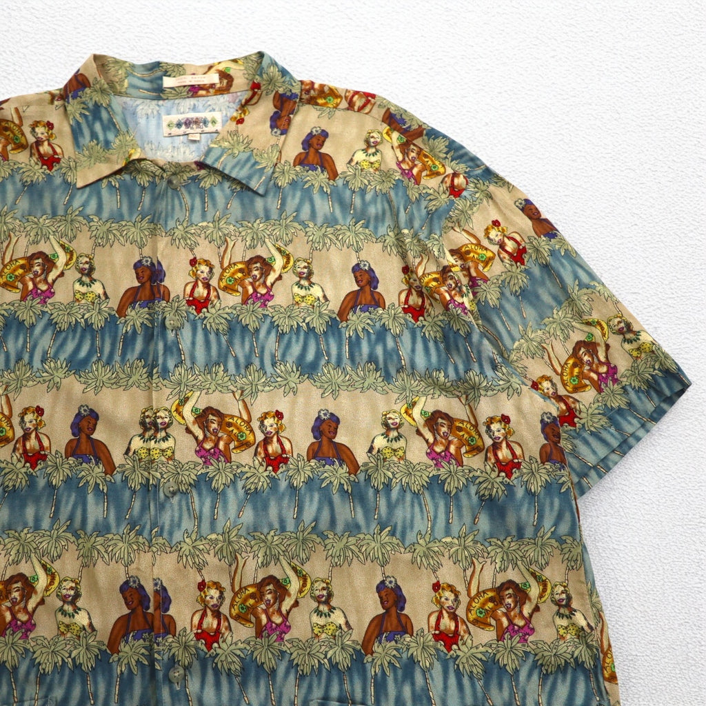 CAMPIA MODA 90s Aloha Shirt XL Khaki Rayon All-Over Print Hula Girl