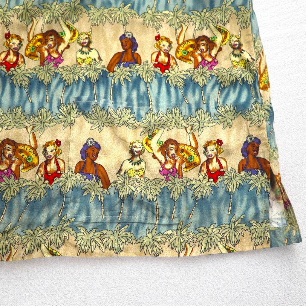 CAMPIA MODA 90s Aloha Shirt XL Khaki Rayon All-Over Print Hula Girl