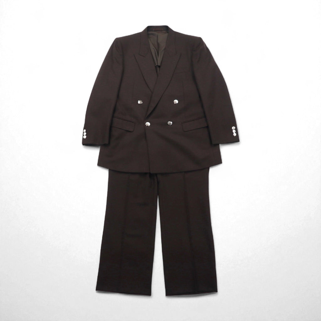 LANVIN ダブルブレスト ピークドラペル スーツ ブレザー セットアップ L ダークブラウン ウール メタルボタン ワイド