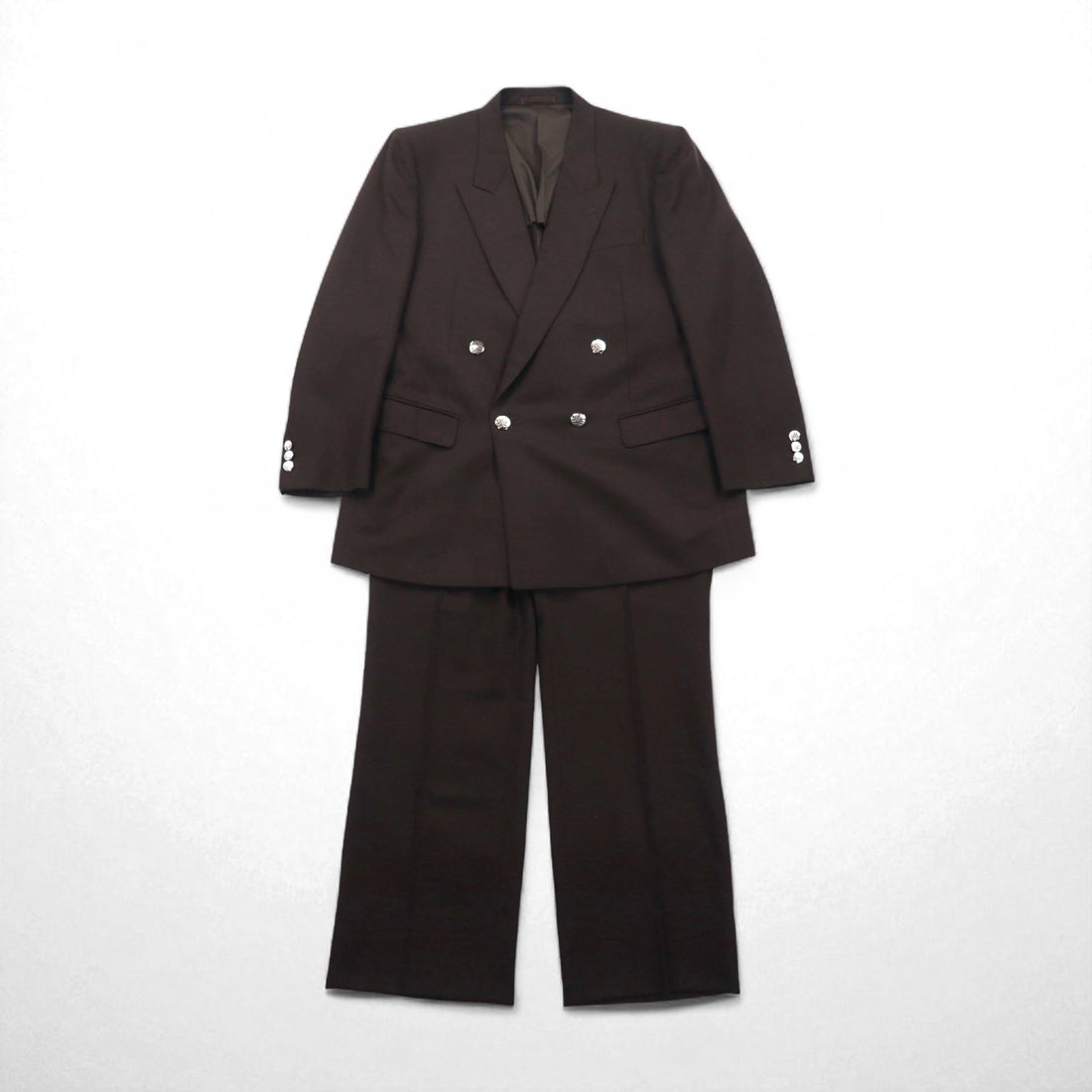 LANVIN ダブルブレスト ピークドラペル スーツ ブレザー セットアップ L ダークブラウン ウール メタルボタン ワイド