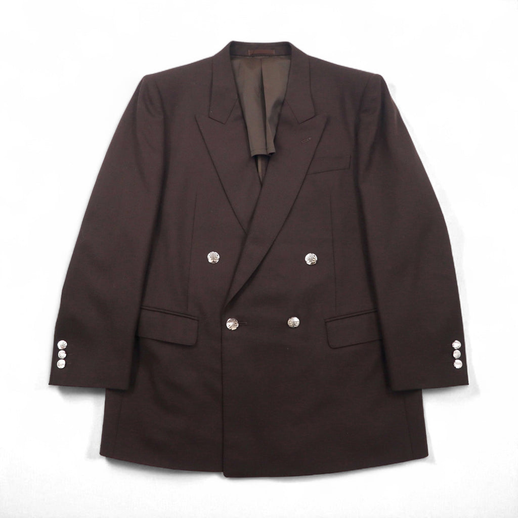 LANVIN ダブルブレスト ピークドラペル スーツ ブレザー セットアップ L ダークブラウン ウール メタルボタン ワイド
