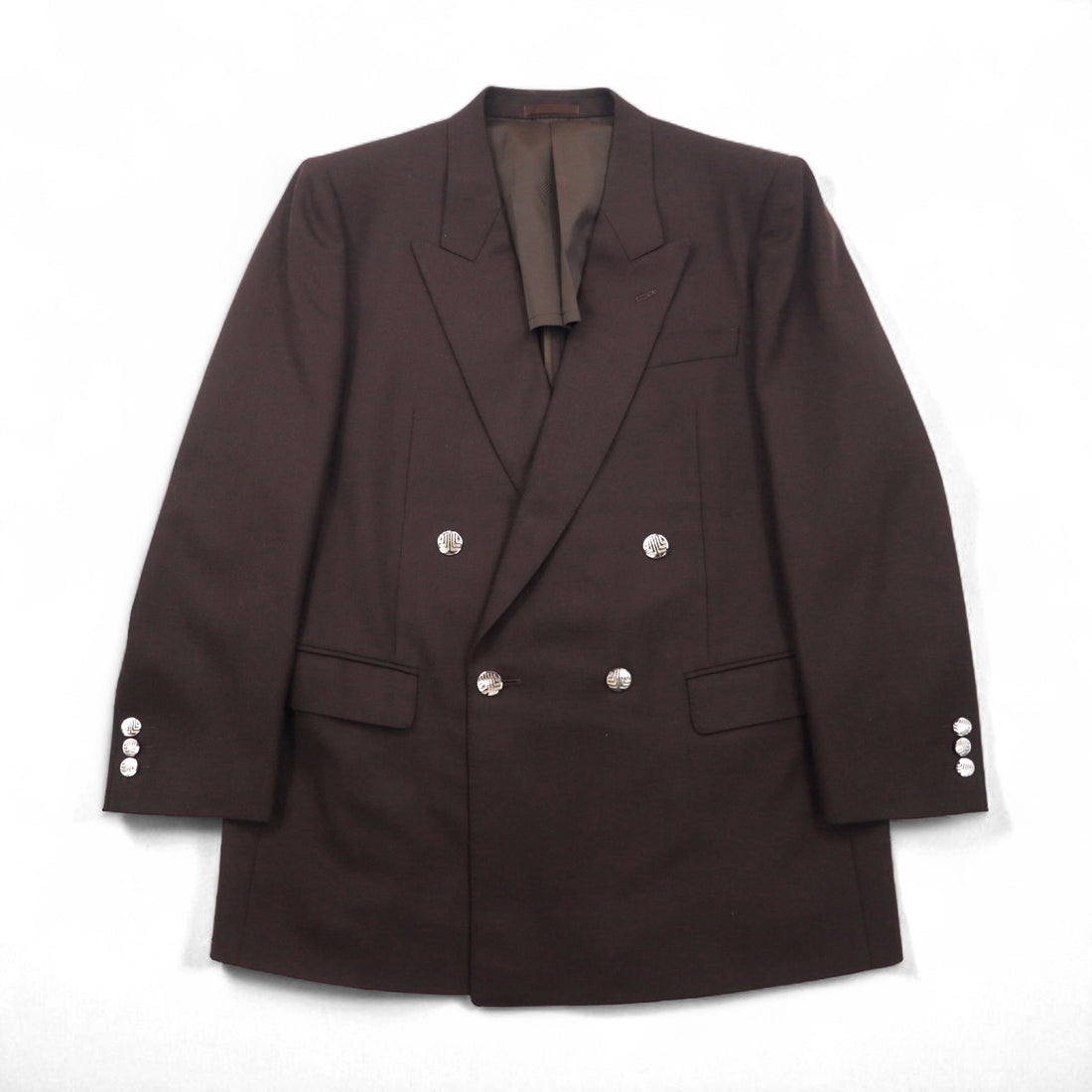 LANVIN ダブルブレスト ピークドラペル スーツ ブレザー セットアップ L ダークブラウン ウール メタルボタン ワイド