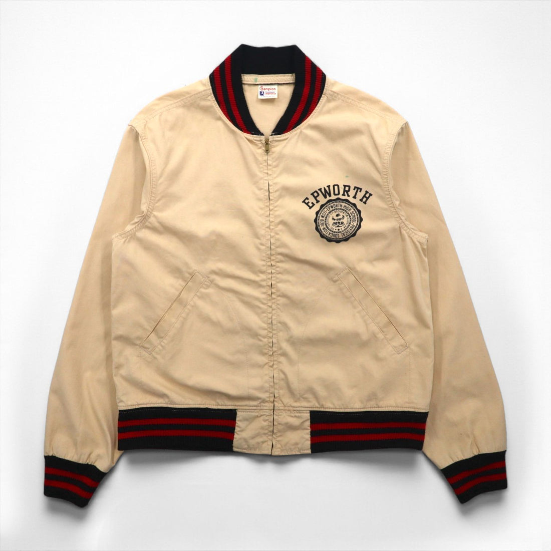 Champion Run Tag Reproduction Sports Jacket Blouson L Beige Ribbed Embroidery Patch