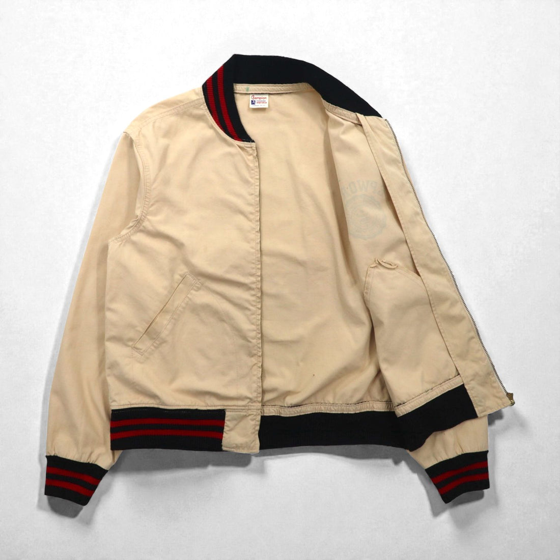 Champion Run Tag Reproduction Sports Jacket Blouson L Beige Ribbed Embroidery Patch