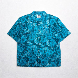 Lee SPORT 90s open collar aloha shirt L blue cotton all-over hibiscus pattern