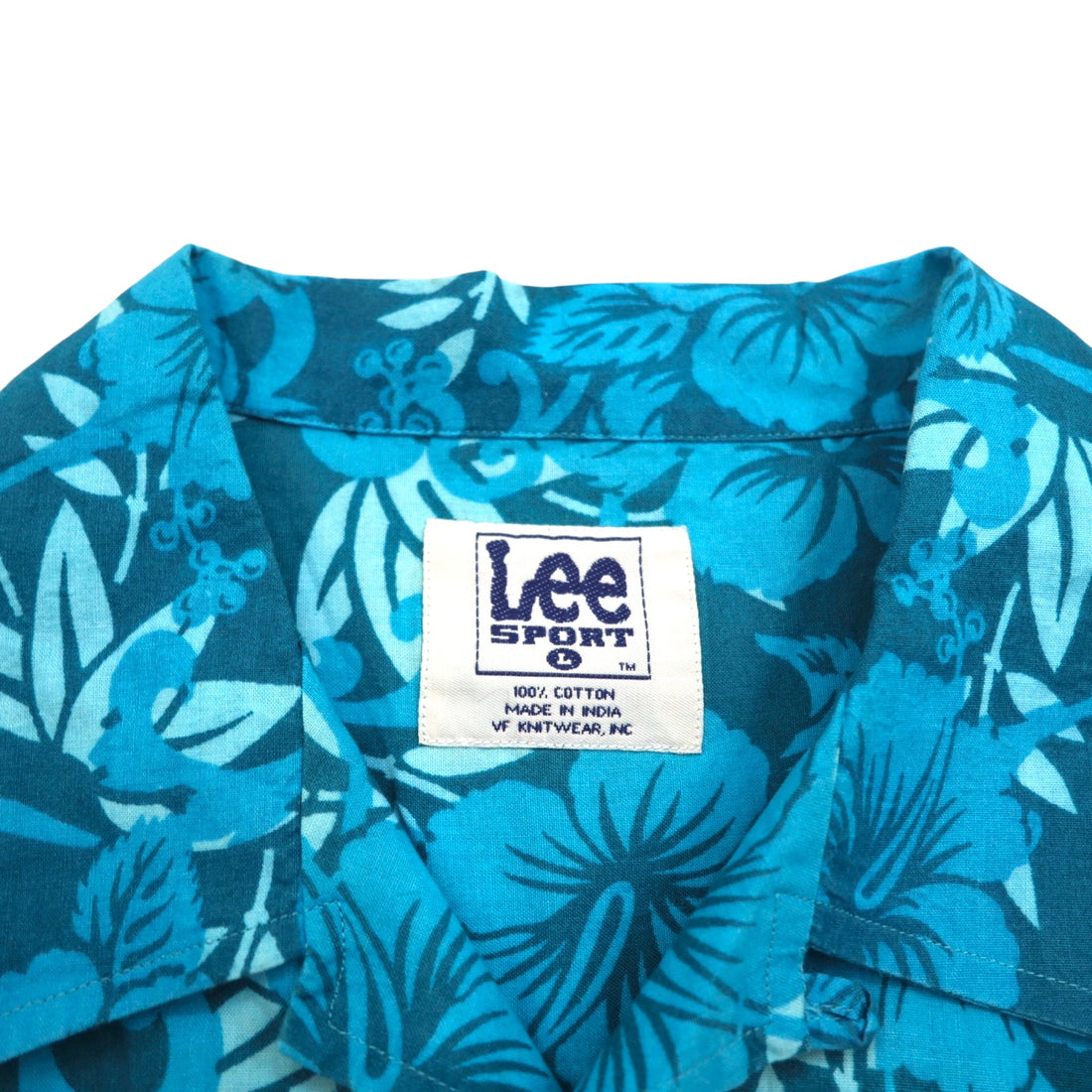 Lee SPORT 90s open collar aloha shirt L blue cotton all-over hibiscus pattern