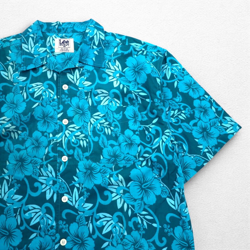 Lee SPORT 90s open collar aloha shirt L blue cotton all-over hibiscus pattern