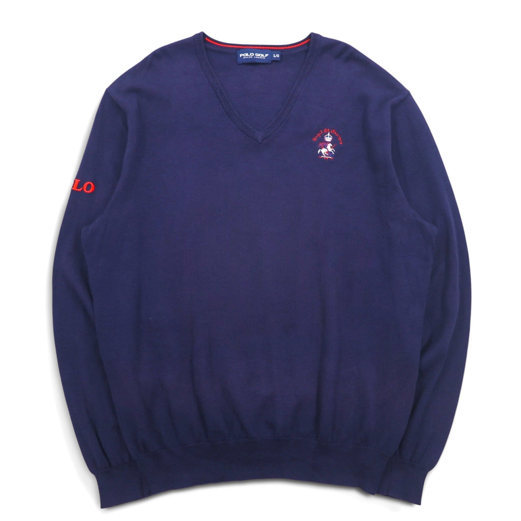 POLO GOLF RALPH LAUREN V-neck cotton knit sweater L Navy Pony Logo Embroidery Royal St George's