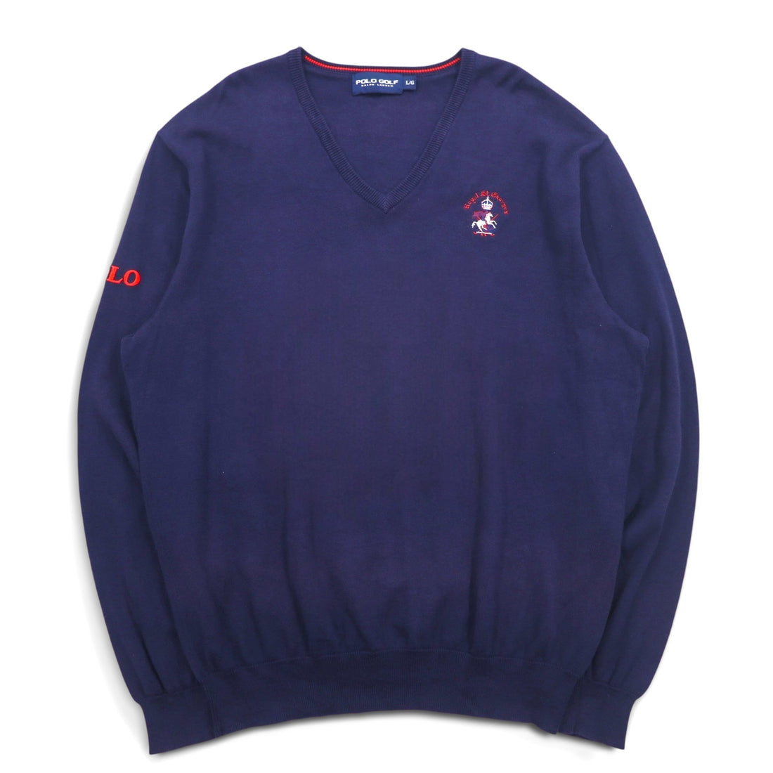 POLO GOLF RALPH LAUREN V-neck cotton knit sweater L Navy Pony Logo Embroidery Royal St George's