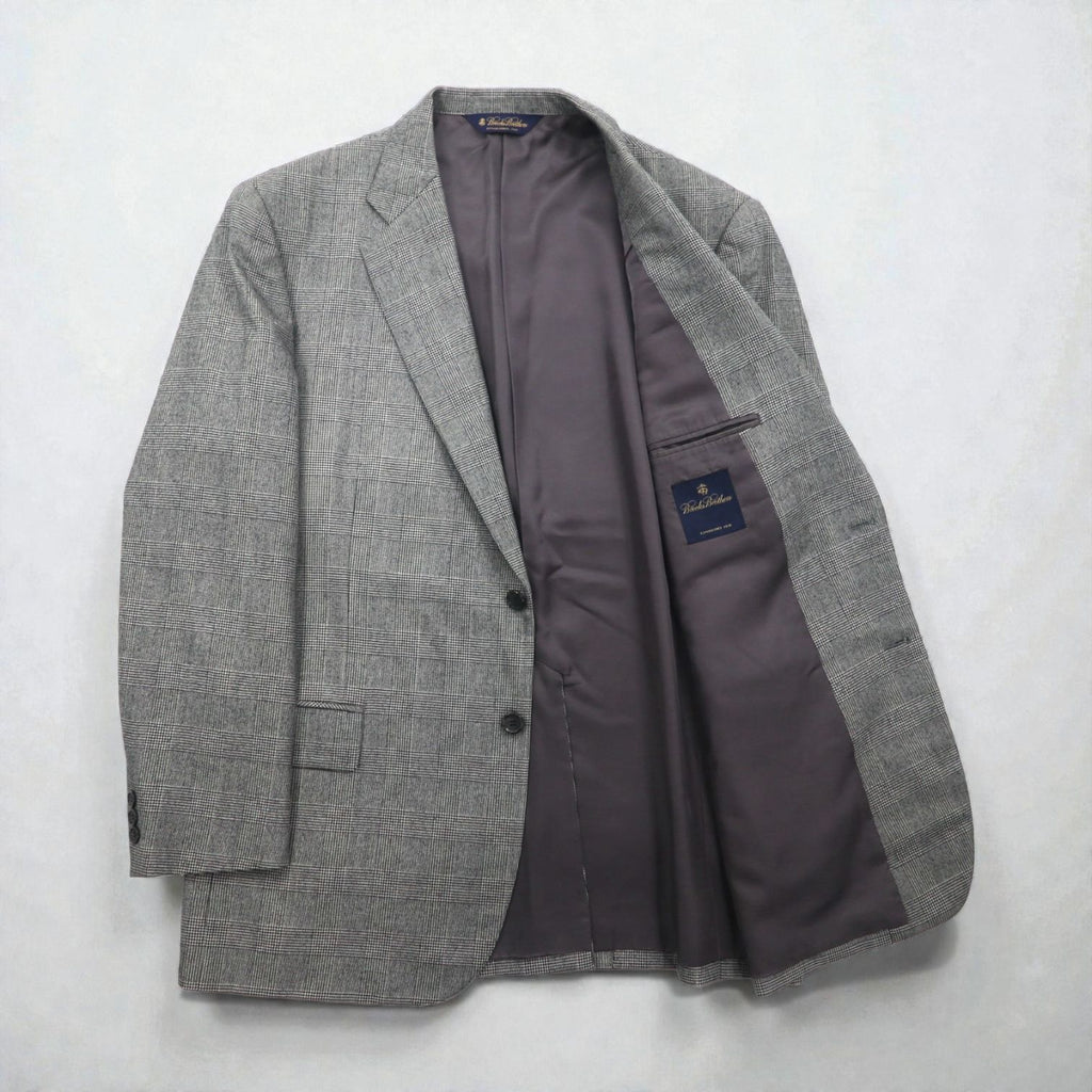 Brooks Brothers 2B Suit, Size L, Glen Check Wool, 2-Pleated, Wide Fit, Center Press