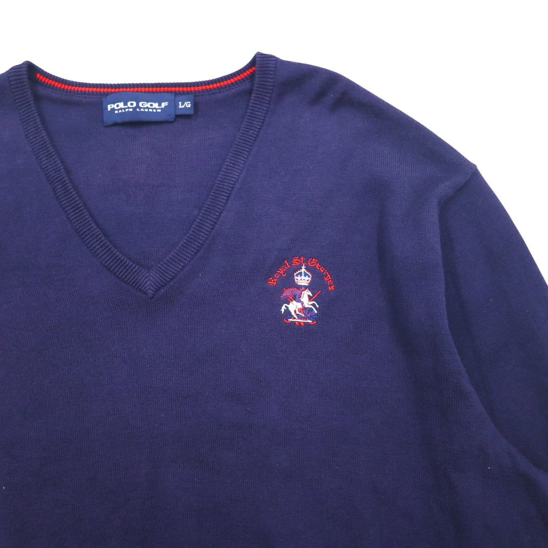 POLO GOLF RALPH LAUREN V-neck cotton knit sweater L Navy Pony Logo Embroidery Royal St George's