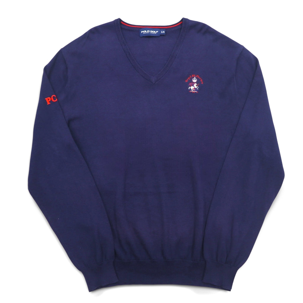 POLO GOLF RALPH LAUREN V-neck cotton knit sweater L Navy Pony Logo Embroidery Royal St George's