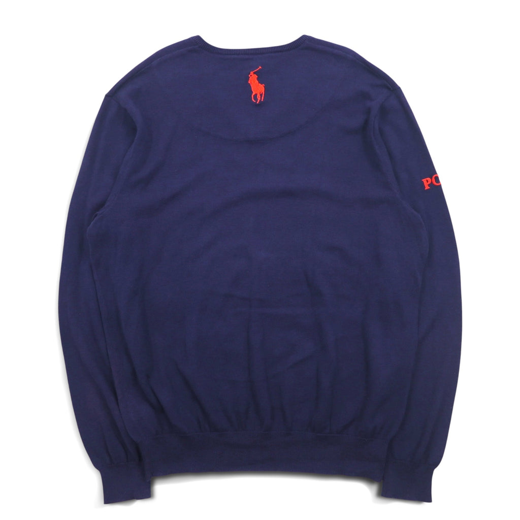 POLO GOLF RALPH LAUREN V-neck cotton knit sweater L Navy Pony Logo Embroidery Royal St George's