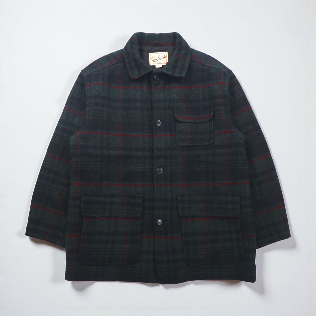 Woolrich 90s Made in USA Melton Coverall Wool Jacket, Size L, Black Watch, Green Check, Padded Quilted Liner