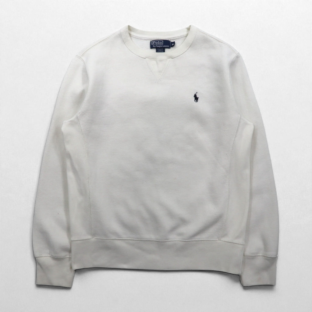 Polo by Ralph Lauren 90s Reverse Weave V-Neck Sweatshirt, Size M, White, Fleece-Lined, Small Pony Embroidery