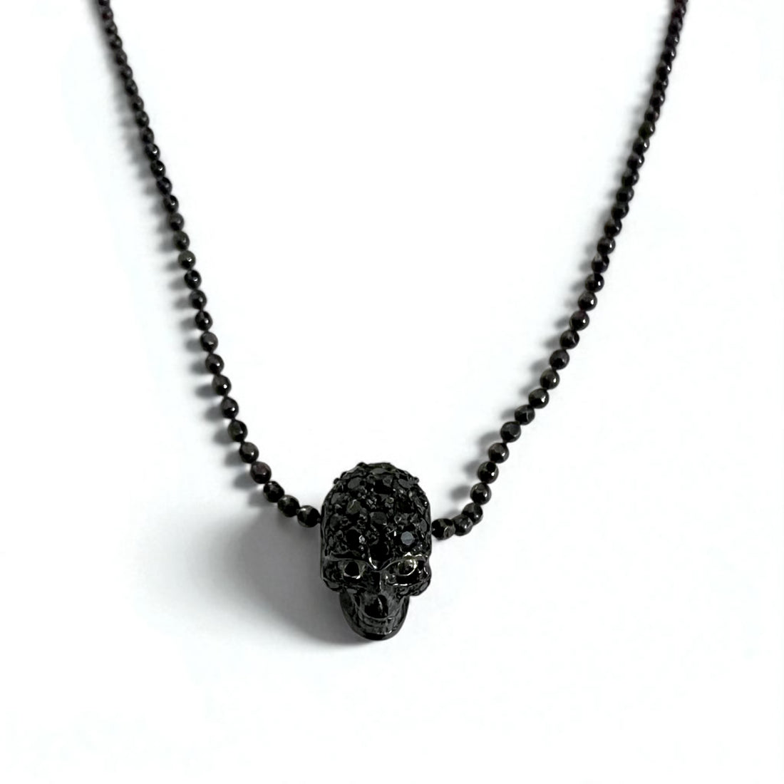 Justin Davis Natural Skull Necklace in Black Spinel and White Topaz with Silver 925 Ball Chain