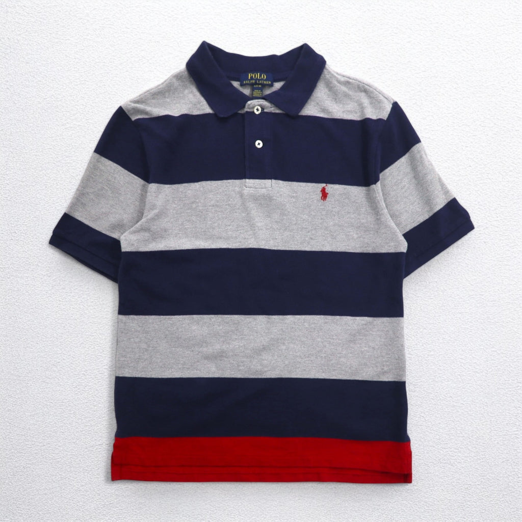 POLO RALPH LAUREN Striped Polo Shirt L Gray Navy Cotton Pique Small Pony Embroidery