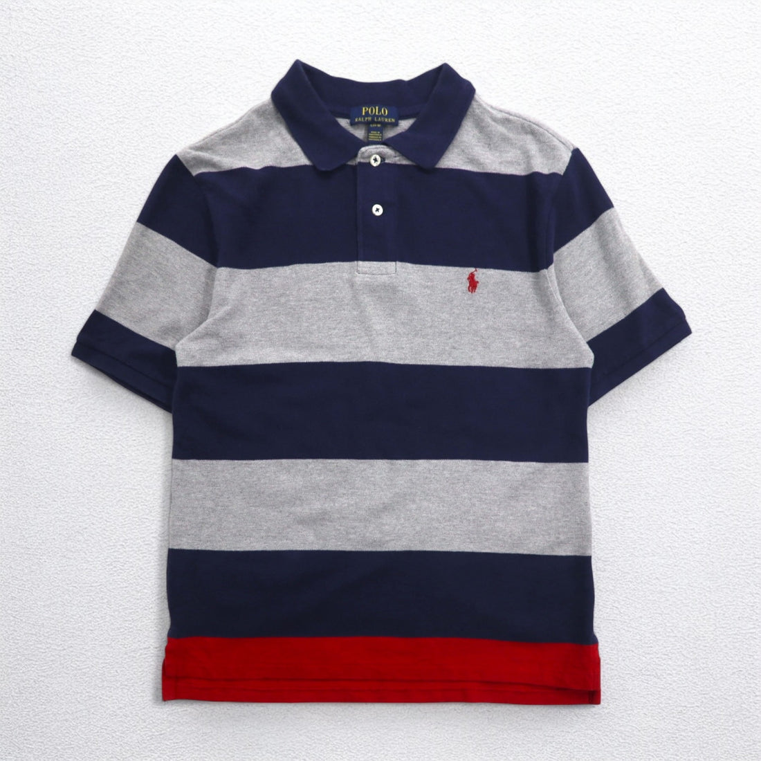 POLO RALPH LAUREN Striped Polo Shirt L Gray Navy Cotton Pique Small Pony Embroidery