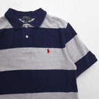 POLO RALPH LAUREN Striped Polo Shirt L Gray Navy Cotton Pique Small Pony Embroidery
