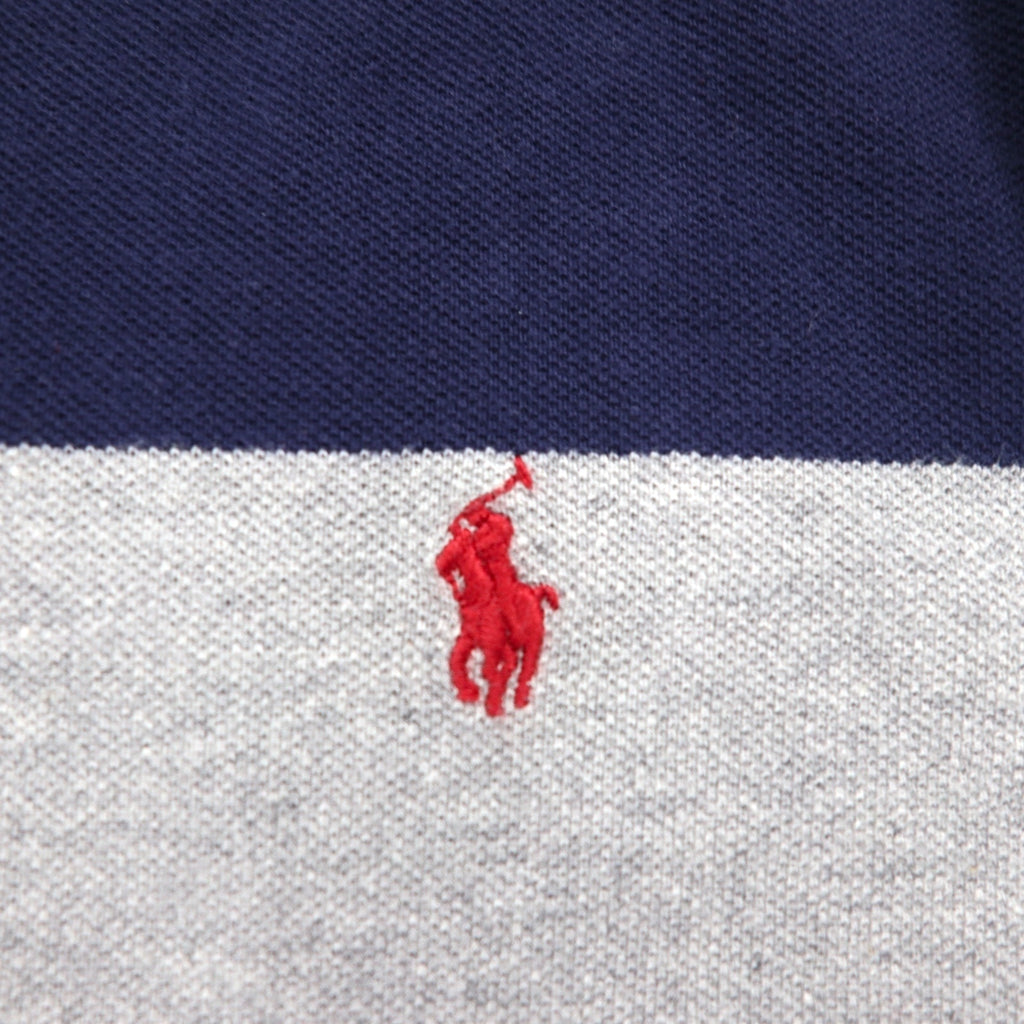 POLO RALPH LAUREN Striped Polo Shirt L Gray Navy Cotton Pique Small Pony Embroidery