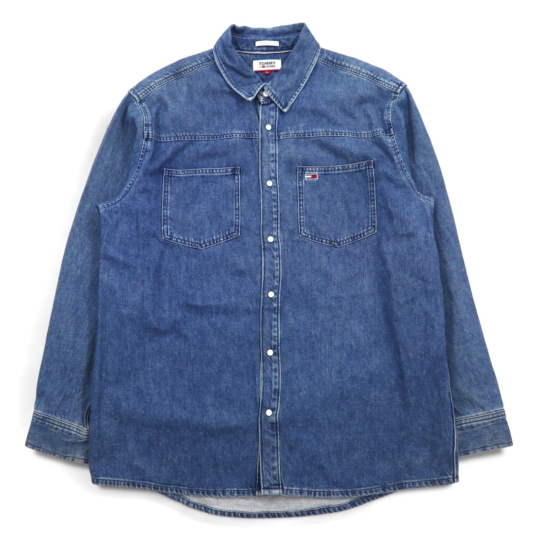 TOMMY JEANS バックプリント デニムシャツ L インディゴ ブルー スナップボタン RELAXED FIT DM0DM06735