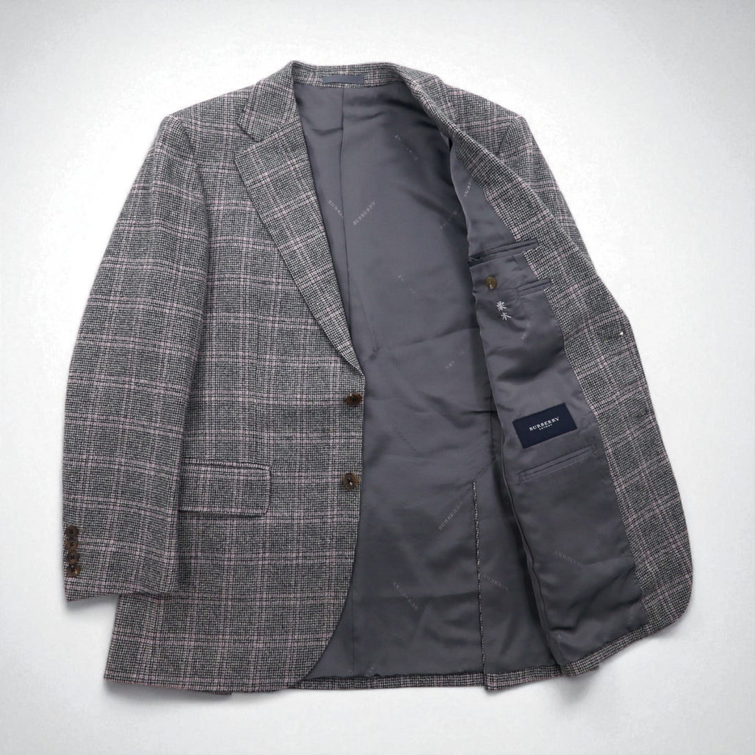 BURBERRY Cashmere Blend 2B Tweed Jacket, Size M, Gray Check, Wool, Made in Japan