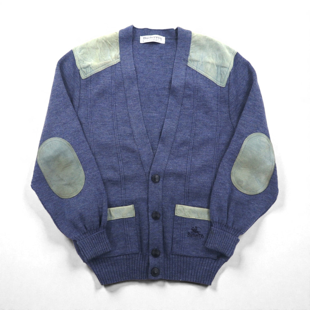 BURBERRYS 80s Made in UK Elbow Patch Knit Cardigan L Navy Wool Leather