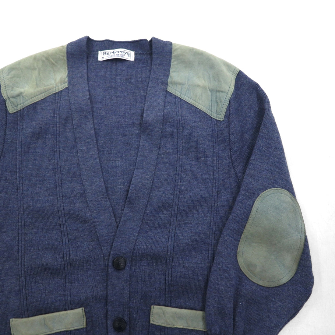 BURBERRYS 80s Made in UK Elbow Patch Knit Cardigan L Navy Wool Leather