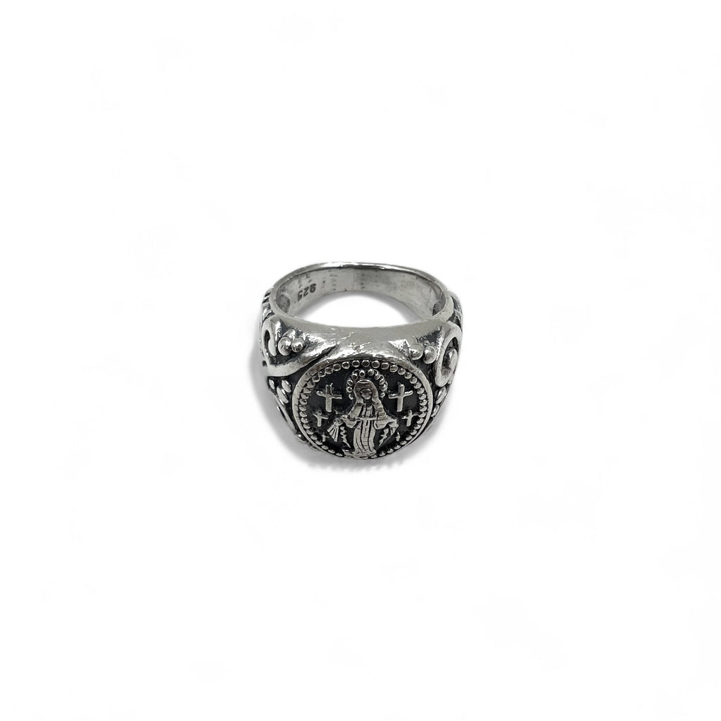 Vintage Virgin Mary Silver Ring, Size 17, 925, Cross, Arabesque Design