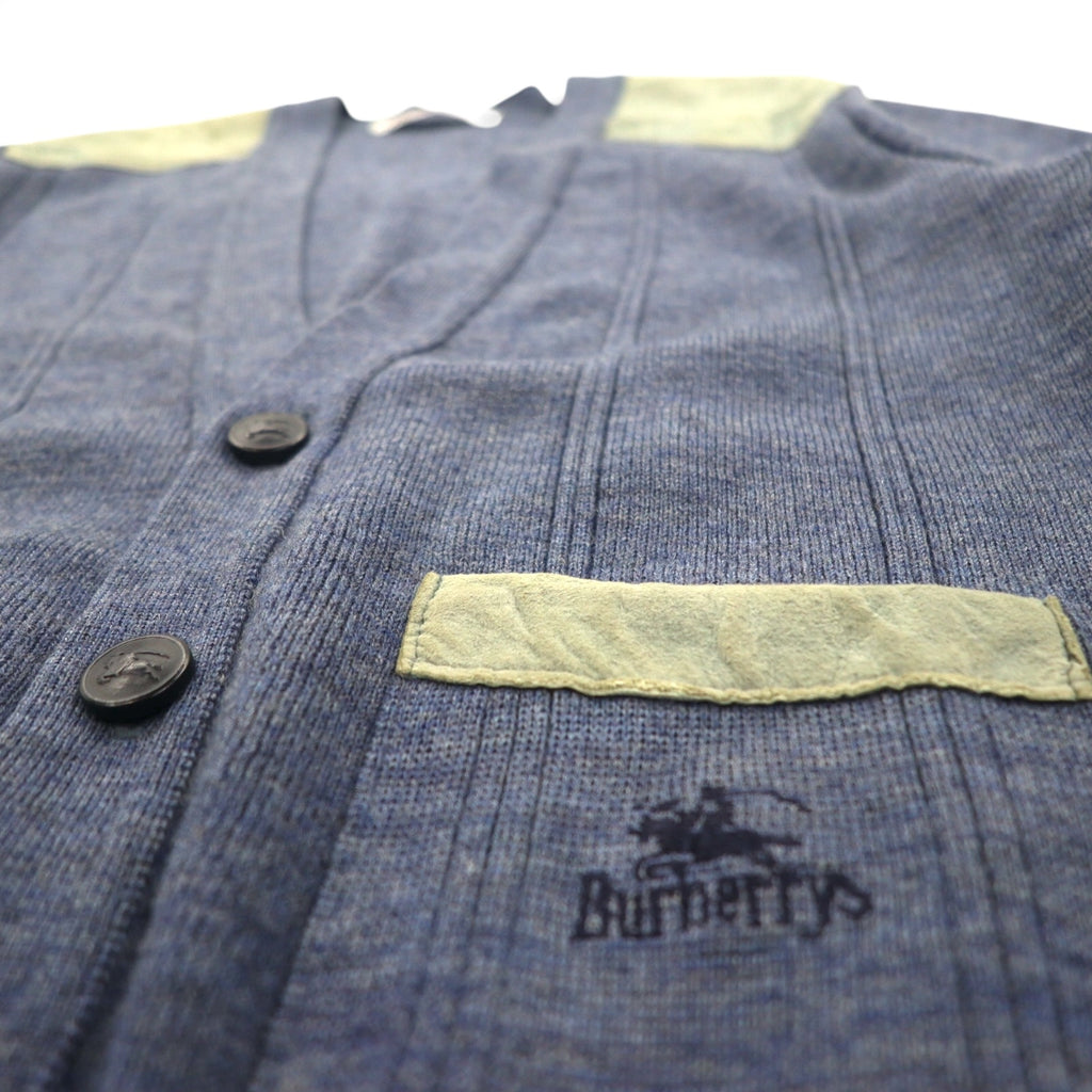 BURBERRYS 80s Made in UK Elbow Patch Knit Cardigan L Navy Wool Leather