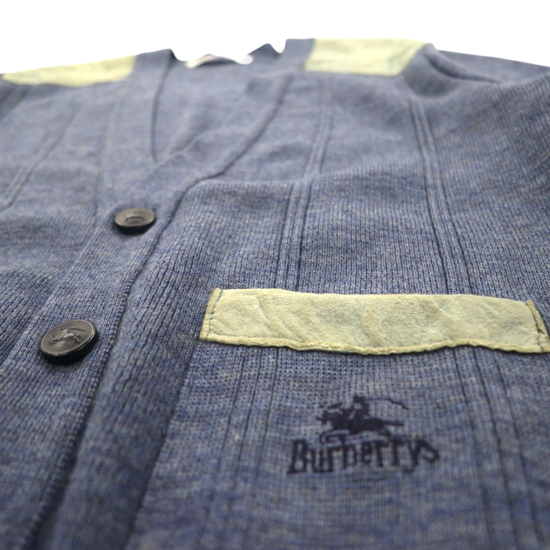 BURBERRYS 80s Made in UK Elbow Patch Knit Cardigan L Navy Wool Leather
