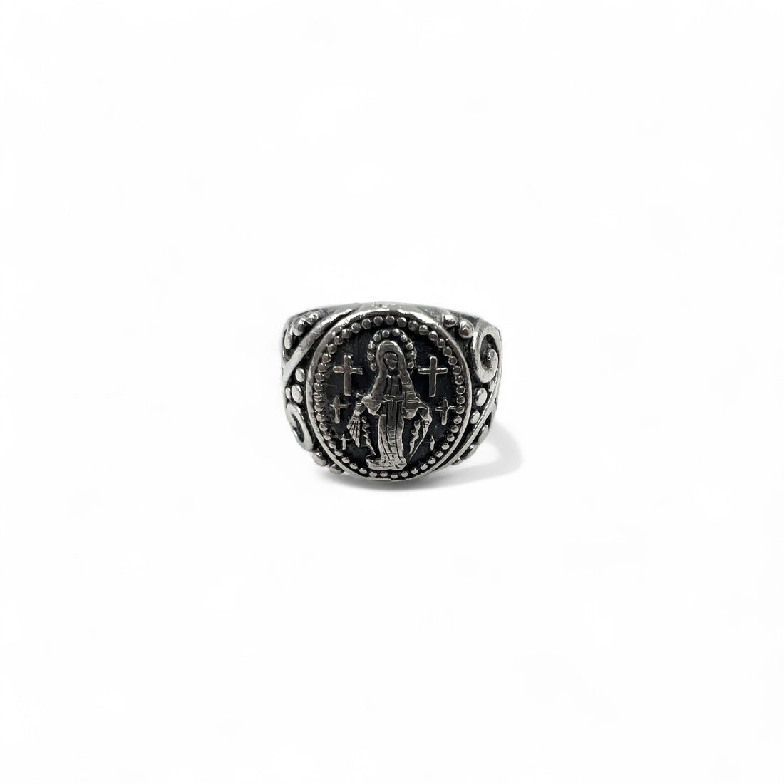 Vintage Virgin Mary Silver Ring, Size 17, 925, Cross, Arabesque Design
