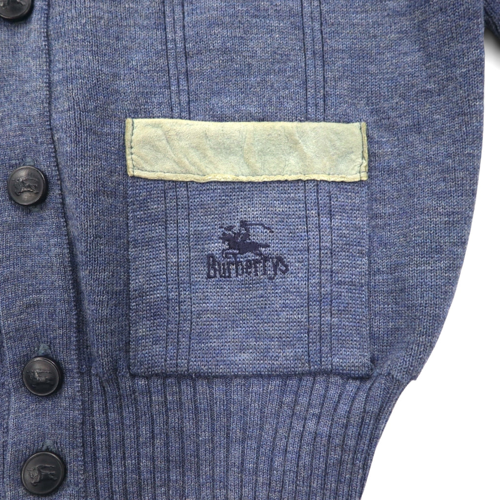 BURBERRYS 80s Made in UK Elbow Patch Knit Cardigan L Navy Wool Leather