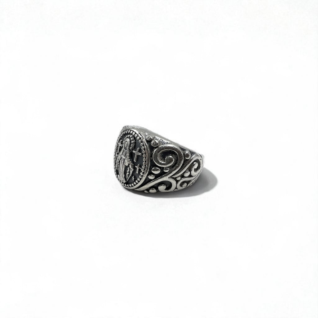 Vintage Virgin Mary Silver Ring, Size 17, 925, Cross, Arabesque Design