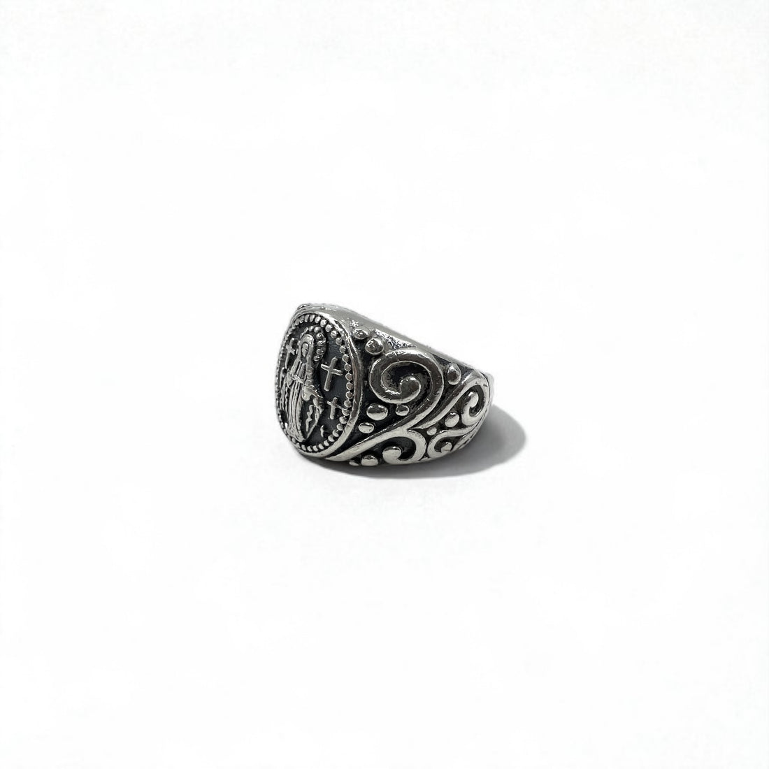 Vintage Virgin Mary Silver Ring, Size 17, 925, Cross, Arabesque Design