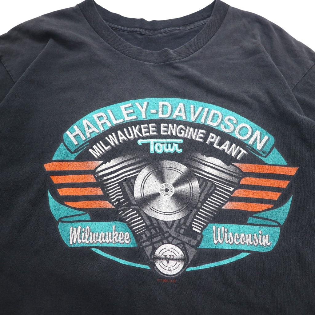 HARLEY DAVIDSON 90s Vintage Double-Sided Print T-Shirt XL Black Single Stitch 1995 MILWAUKEE ENGINE PLANT TOUR
